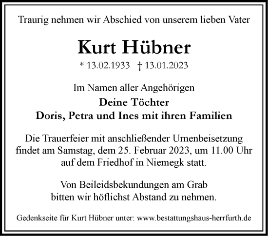 Traueranzeige von Kurt Hübner von Märkische Oderzeitung