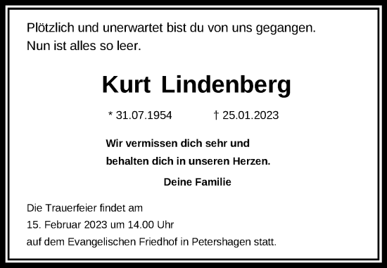 Traueranzeige von Kurt Lindenberg von Märkische Oderzeitung