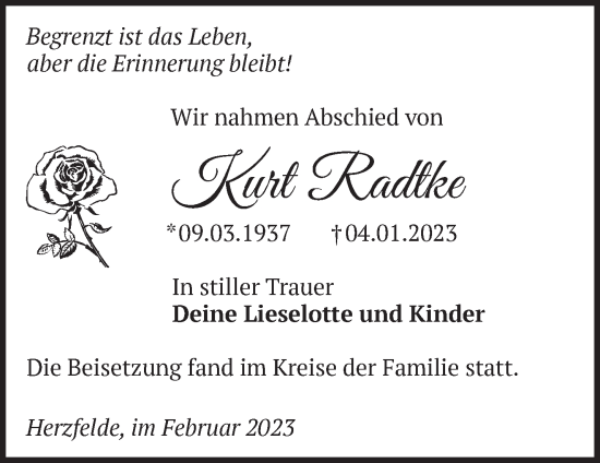 Traueranzeige von Kurt Radtke von Märkische Oderzeitung