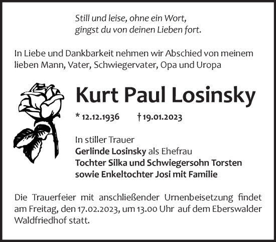 Traueranzeige von Kurt Paul Losinsky von Märkische Oderzeitung