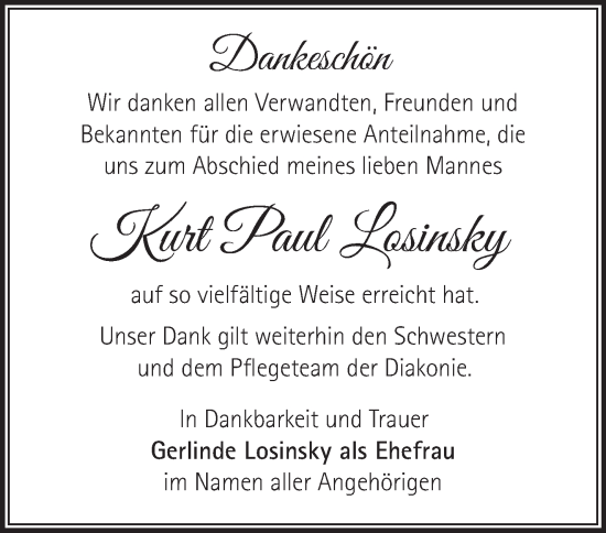 Traueranzeige von Kurt Paul Losinsky von Märkische Oderzeitung