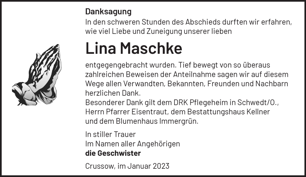  Traueranzeige für Lina Maschke vom 19.02.2023 aus Märkische Oderzeitung