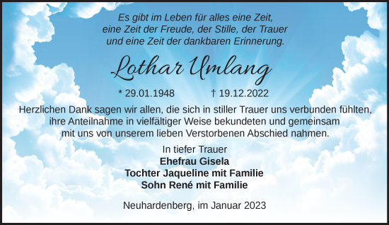 Traueranzeige von Lothar Umlang von Märkische Oderzeitung