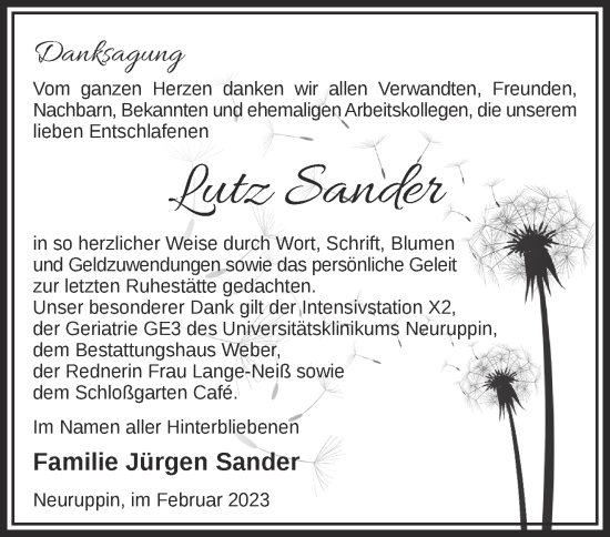 Traueranzeige von Lutz Sander von Märkische Oderzeitung