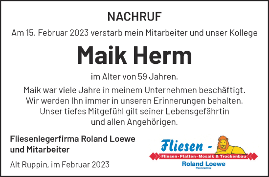 Traueranzeige von Maik Herm von Märkische Oderzeitung