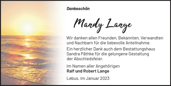 Traueranzeige von Mandy Lange von Märkische Oderzeitung