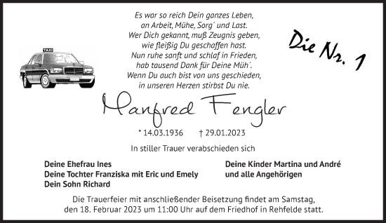 Traueranzeige von Manfred Fengler von Märkische Oderzeitung