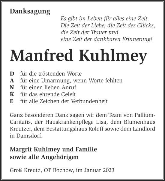 Traueranzeige von Manfred Kuhlmey von Märkische Oderzeitung