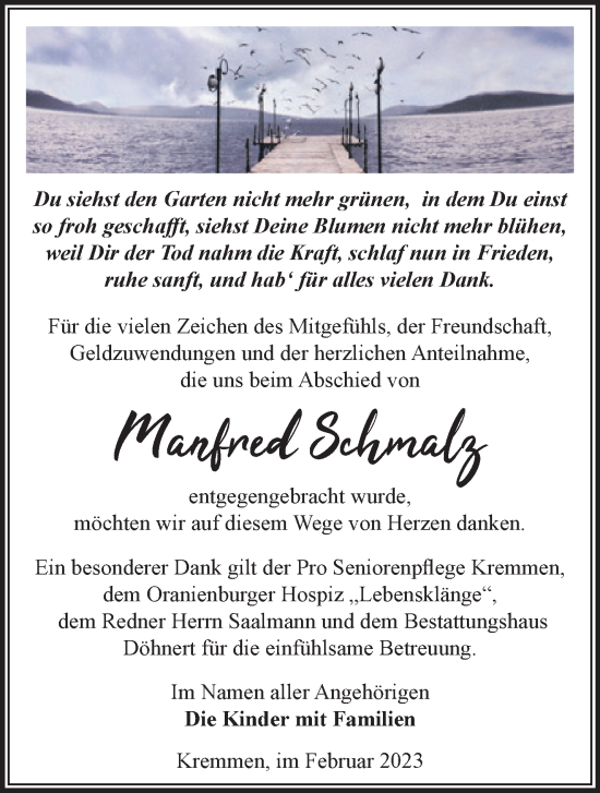 Traueranzeige von Manfred Schmalz von Märkische Oderzeitung