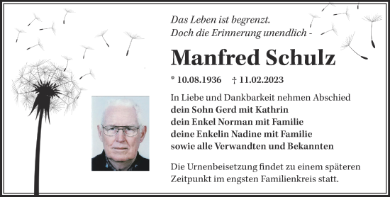 Traueranzeige von Manfred Schulz von Märkische Oderzeitung