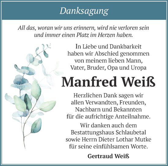 Traueranzeige von Manfred Weiß von Märkische Oderzeitung