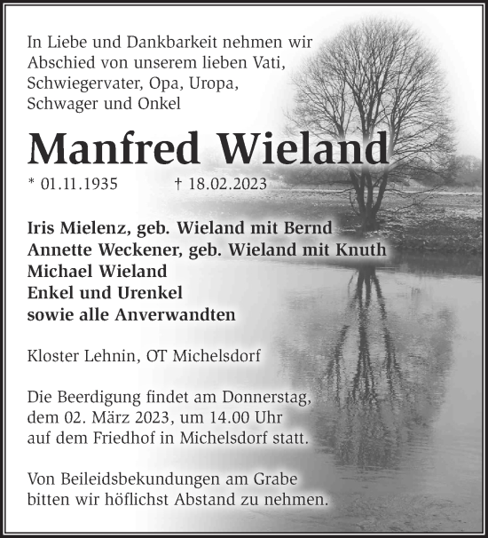 Traueranzeige von Manfred Wieland von Märkische Oderzeitung