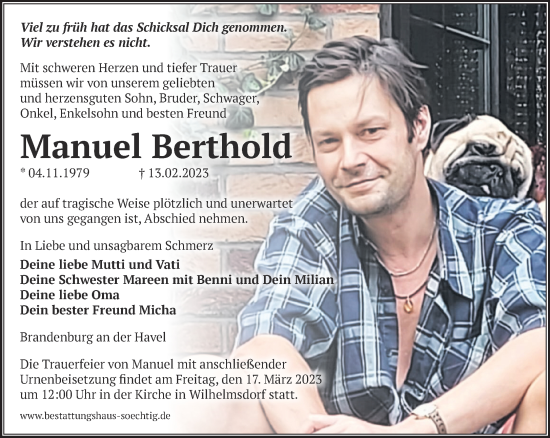 Traueranzeige von Manuel Berthold von Märkische Oderzeitung