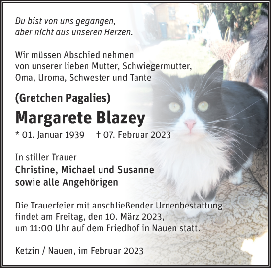 Traueranzeige von Margarete Blazey von Märkische Oderzeitung