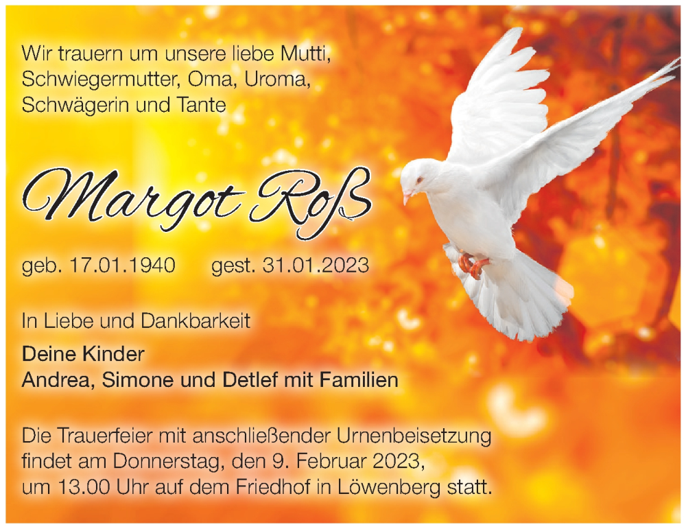  Traueranzeige für Margot Roß vom 04.02.2023 aus Märkische Oderzeitung