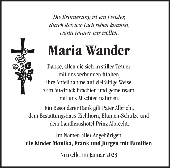 Traueranzeige von Maria Wander von Märkische Oderzeitung