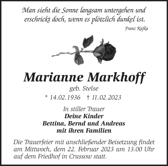 Traueranzeige von Marianne Markhoff von Märkische Oderzeitung