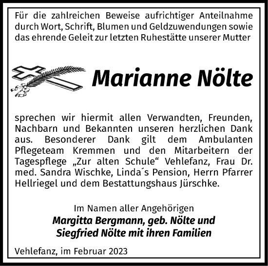 Traueranzeige von Marianne Nölte von Märkische Oderzeitung