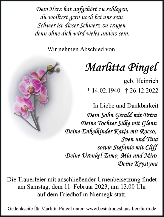 Traueranzeige von Marlitta Pingel von Märkische Oderzeitung