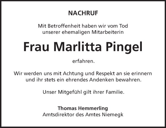 Traueranzeige von Marlitta Pingel von Märkische Oderzeitung