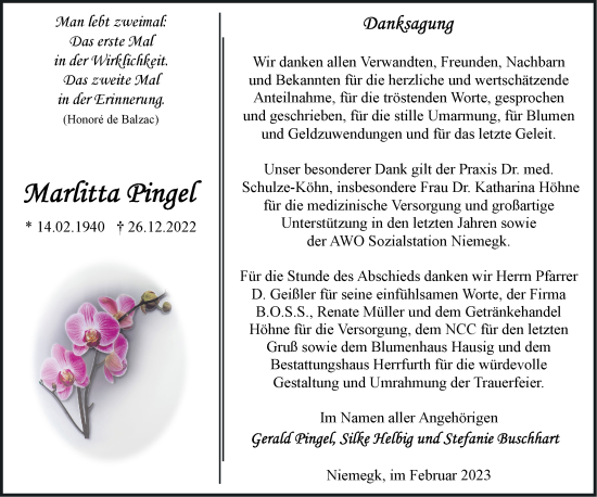 Traueranzeige von Marlitta Pingel von Märkische Oderzeitung