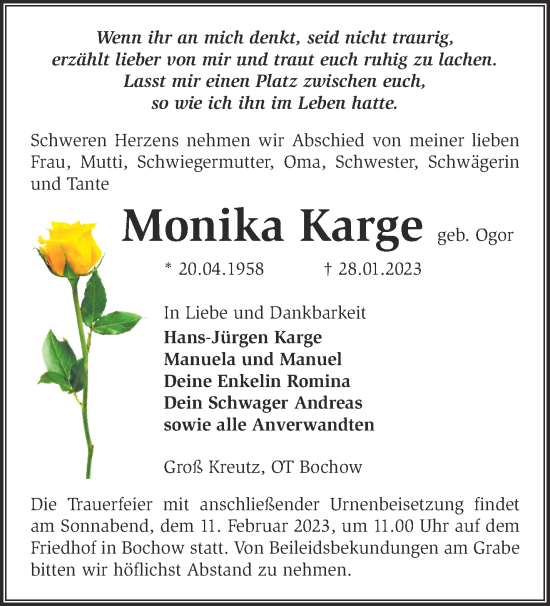 Traueranzeige von Monika Karge von Märkische Oderzeitung