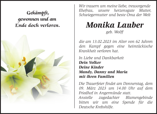 Traueranzeige von Monika Lauber von Märkische Oderzeitung