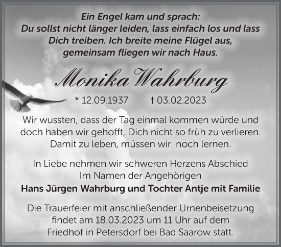 Traueranzeige von Monika Wahrburg von Märkische Oderzeitung