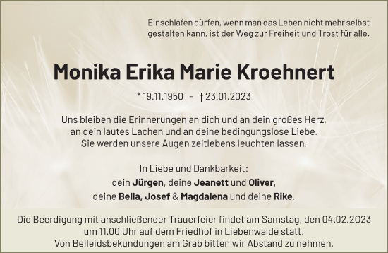 Traueranzeige von Monika Erika Marie Kroehnert von Märkische Oderzeitung