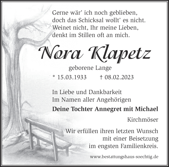 Traueranzeige von Nora Klapetz von Märkische Oderzeitung