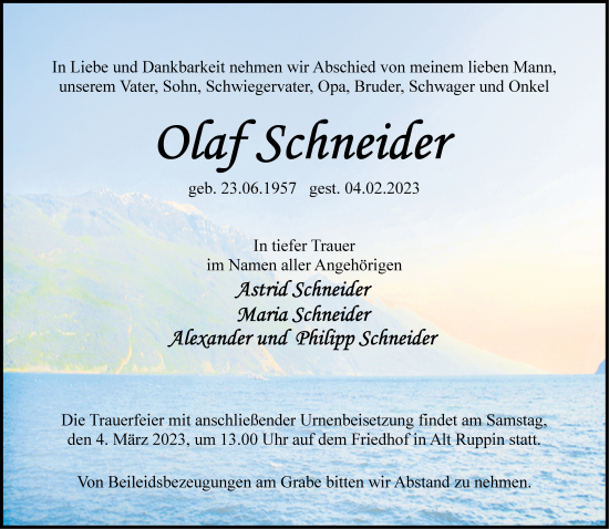 Traueranzeige von Olaf Schneider von Märkische Oderzeitung