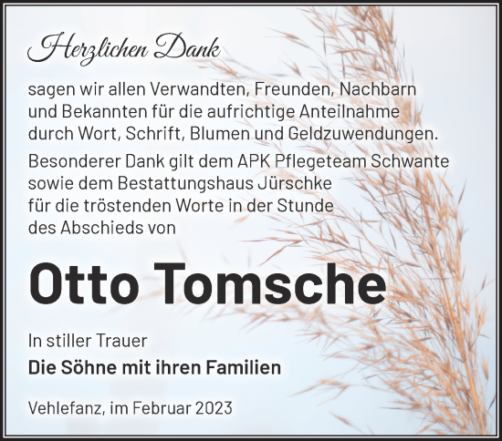 Traueranzeige von Otto Tomsche von Märkische Oderzeitung