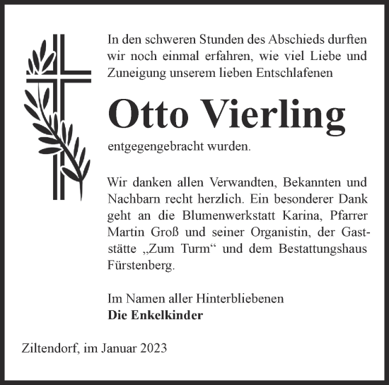 Traueranzeige von Otto Vierling von Märkische Oderzeitung