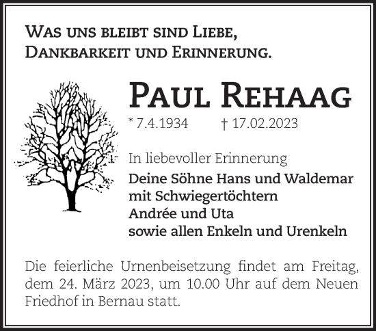 Traueranzeige von Paul Rehaag von Märkische Oderzeitung