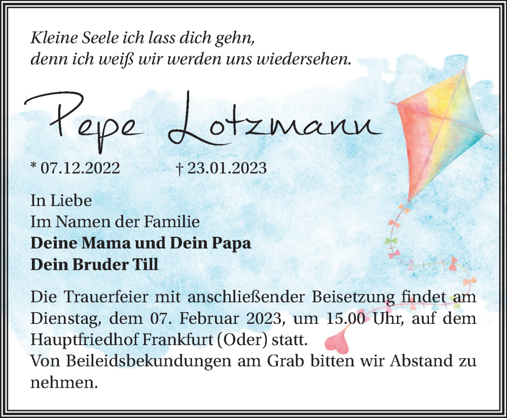  Traueranzeige für Pepe Lotzmann vom 04.02.2023 aus Märkische Oderzeitung