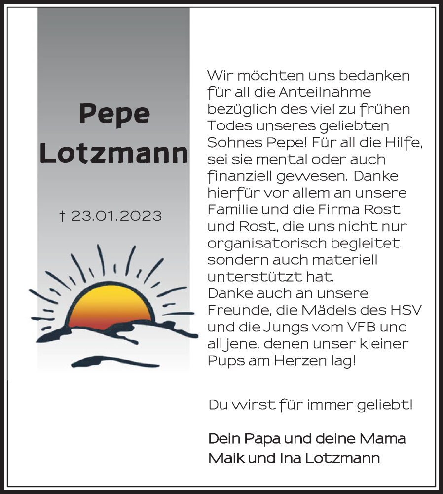  Traueranzeige für Pepe Lotzmann vom 10.02.2023 aus Märkische Oderzeitung