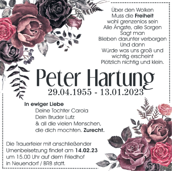 Traueranzeige von Peter Hartung von Märkische Oderzeitung