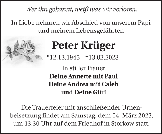 Traueranzeige von Peter Krüger von Märkische Oderzeitung