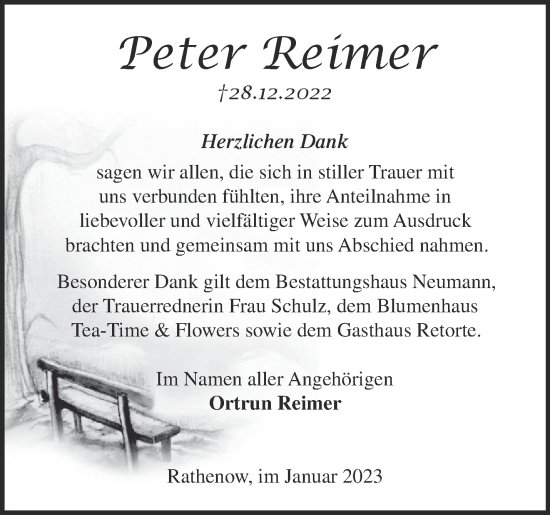 Traueranzeige von Peter Reimer von Märkische Oderzeitung