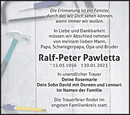 Traueranzeige von Ralf-Peter Pawletta von Märkische Oderzeitung