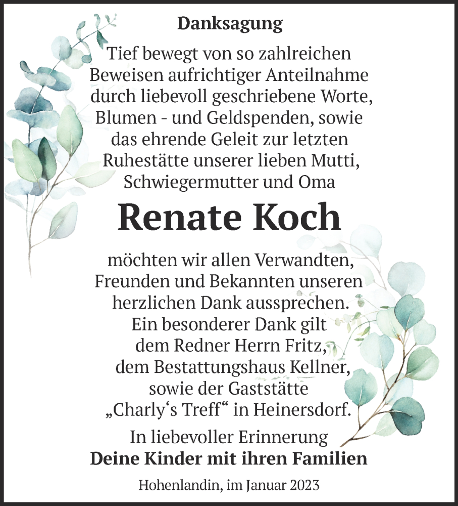  Traueranzeige für Renate Koch vom 18.02.2023 aus Märkische Oderzeitung
