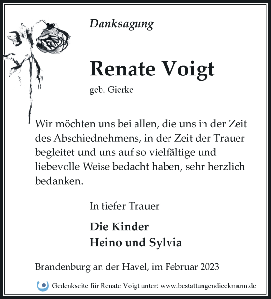 Traueranzeige von Renate Voigt von Märkische Oderzeitung