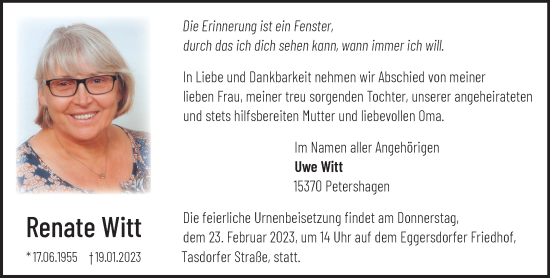 Traueranzeige von Renate Witt von Märkische Oderzeitung