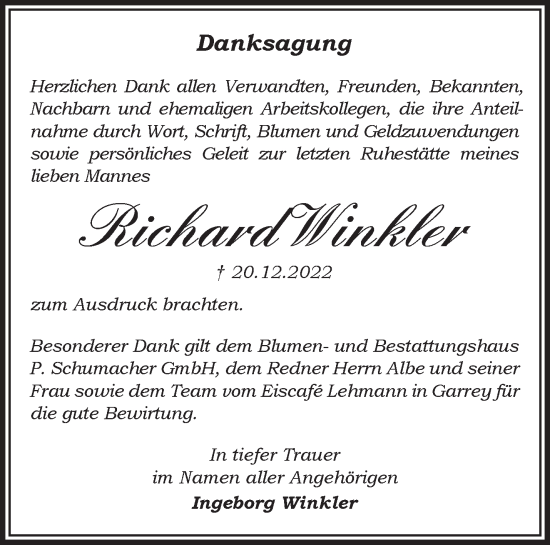 Traueranzeige von Richard Winkler von Märkische Oderzeitung