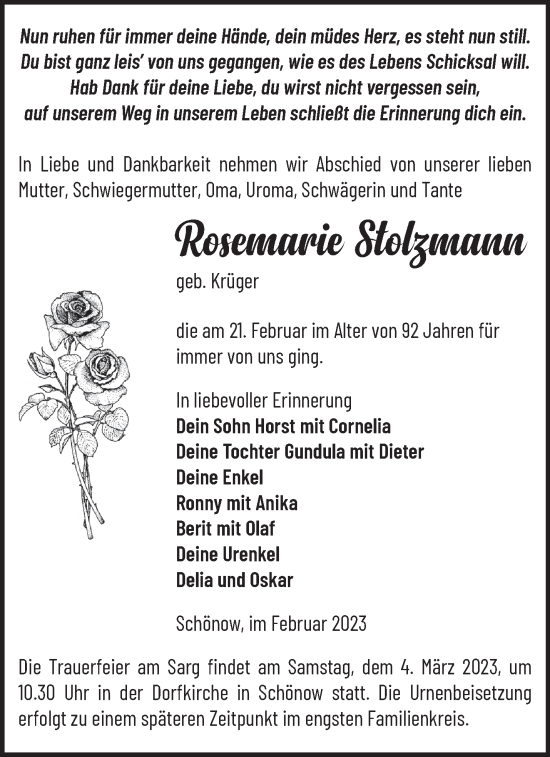 Traueranzeige von Rosemarie Stolzmann von Märkische Oderzeitung