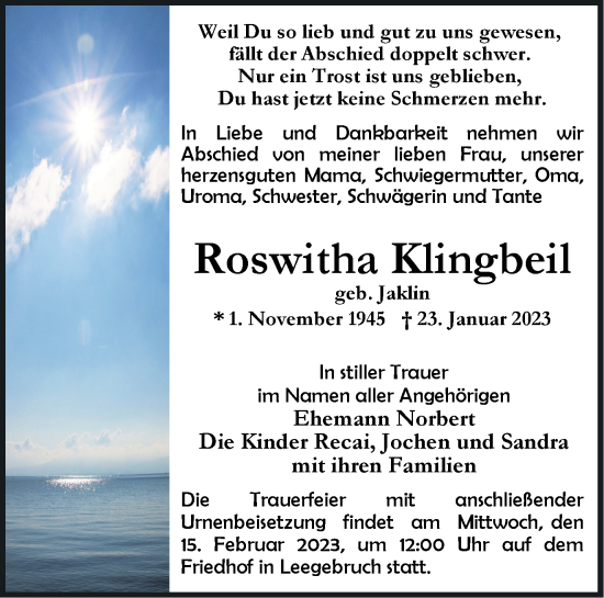 Traueranzeige von Roswitha Klingbeil von Märkische Oderzeitung