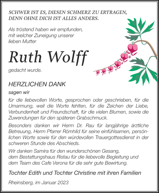 Traueranzeigen Von Ruth Wolff Märkische Onlinezeitung Trauerportal