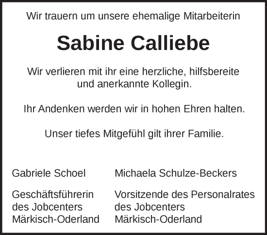 Traueranzeige von Sabine Calliebe von Märkische Oderzeitung