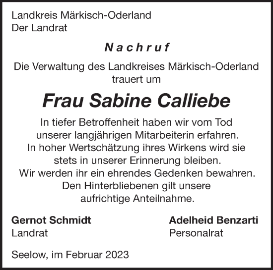 Traueranzeige von Sabine Calliebe von Märkische Oderzeitung