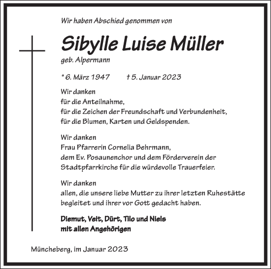 Traueranzeige von Sibylle Luise Müller von Märkische Oderzeitung